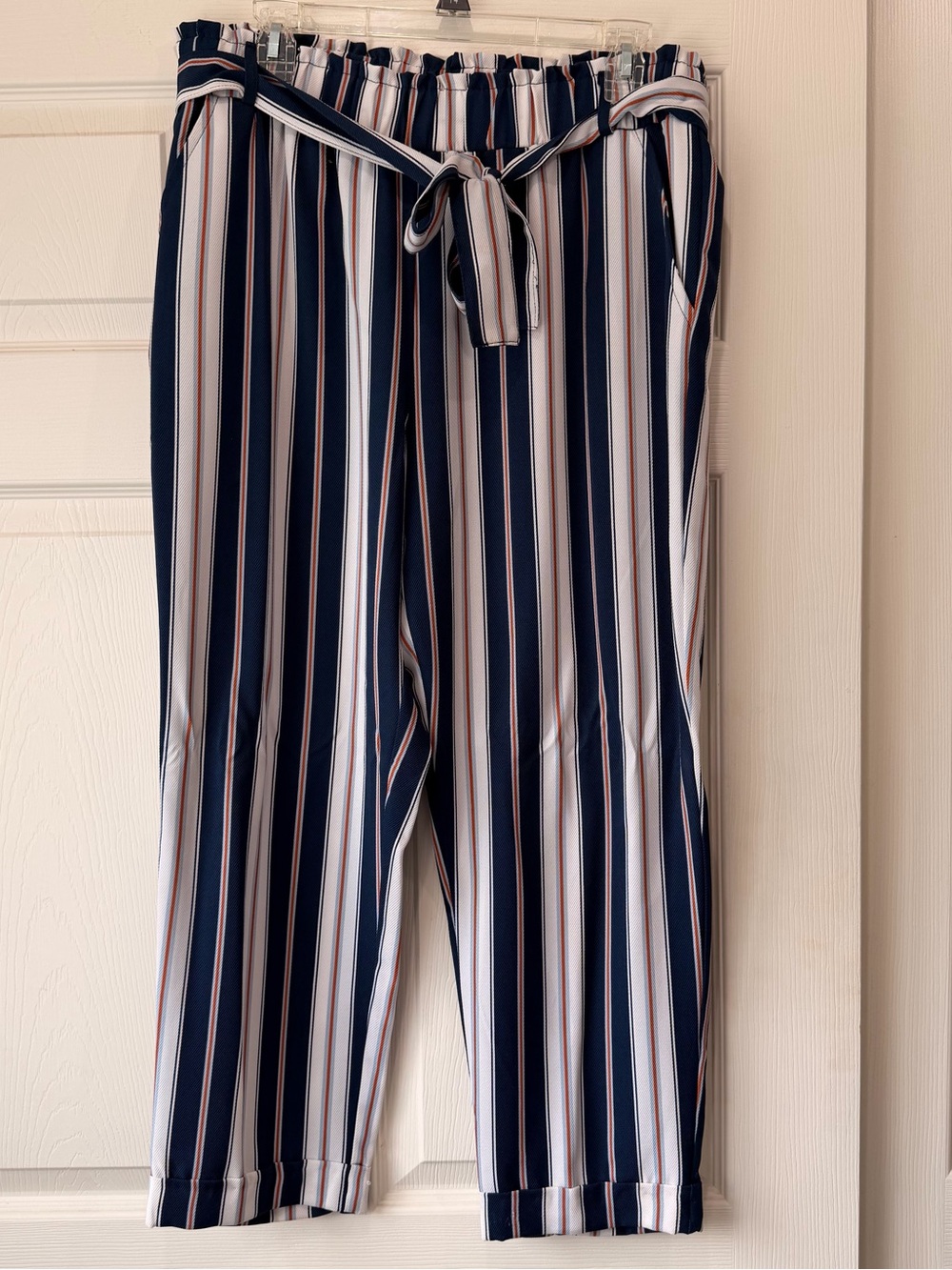 Joe Benbasset Navy, White & Tan Striped Paperbag Crop Pants